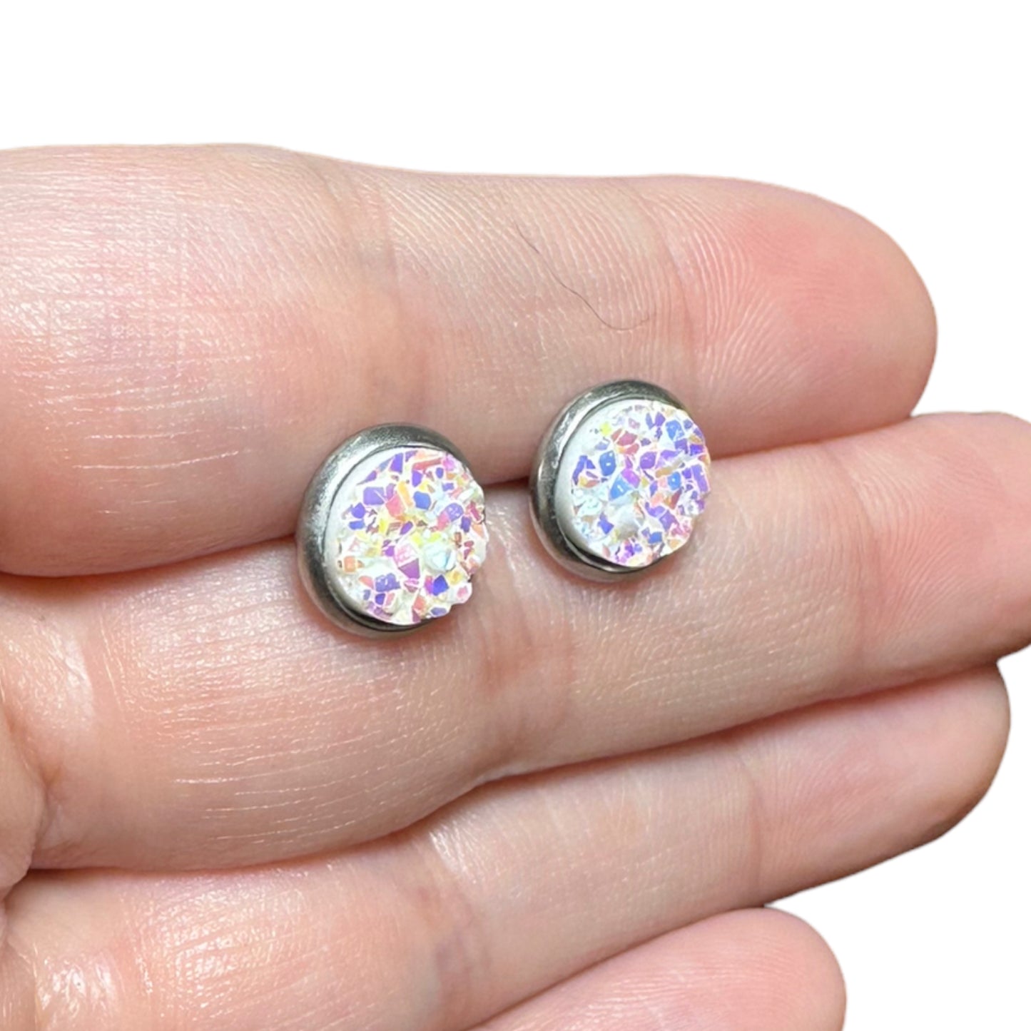 8MM Hypoallergenic White with Multi-Colored Sparkle Druzy Earring Studs