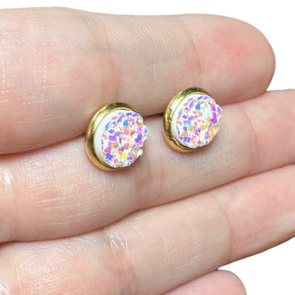 8MM Hypoallergenic White with Multi-Colored Sparkle Druzy Earring Studs