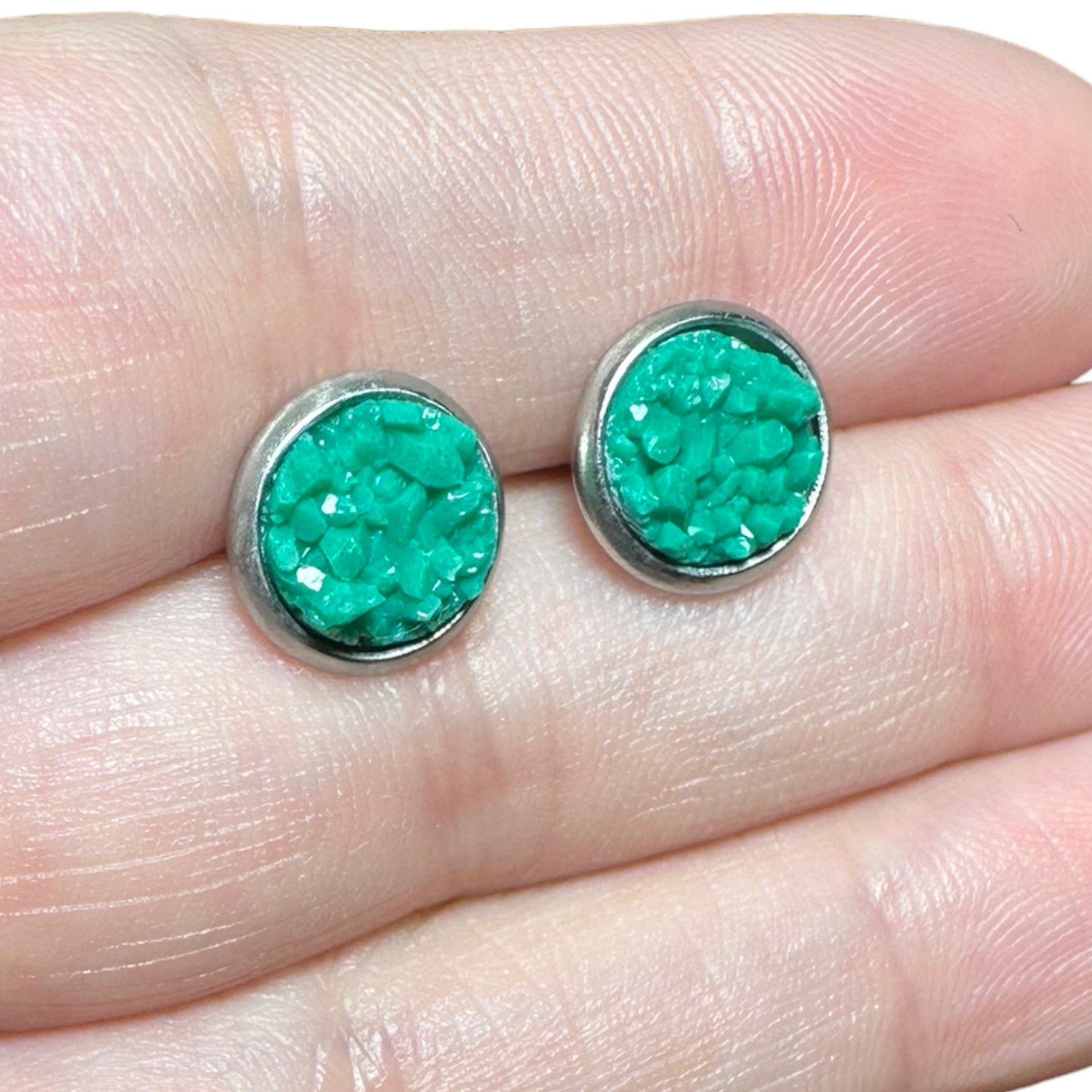 8MM Hypoallergenic Green Druzy Earring Studs