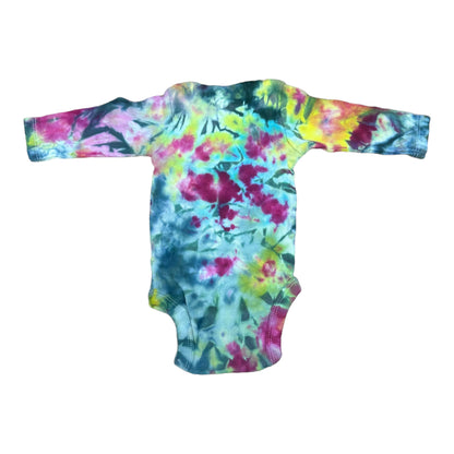 Infant 0-3 Months Teal Yellow and Fuchsia Scrunch Ice Dye Tie Dye Long Sleeve Onesie