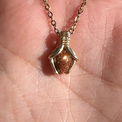 Sterling Silver | 14KT Gold Filled Mini Teardrop Goldstone Wishbone Wire Wrapped Pendant