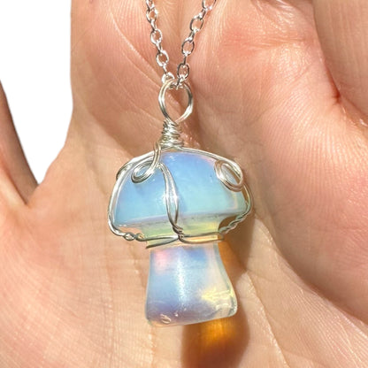 Sterling Silver | 14KT Gold Filled Wire Wrapped Opalite Crystal Mushroom Pendant