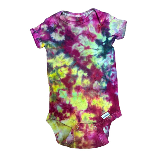 Infant 0-3 Months Fuchsia Blue and Yellow Scrunch Ice Dye Tie Dye Onesie