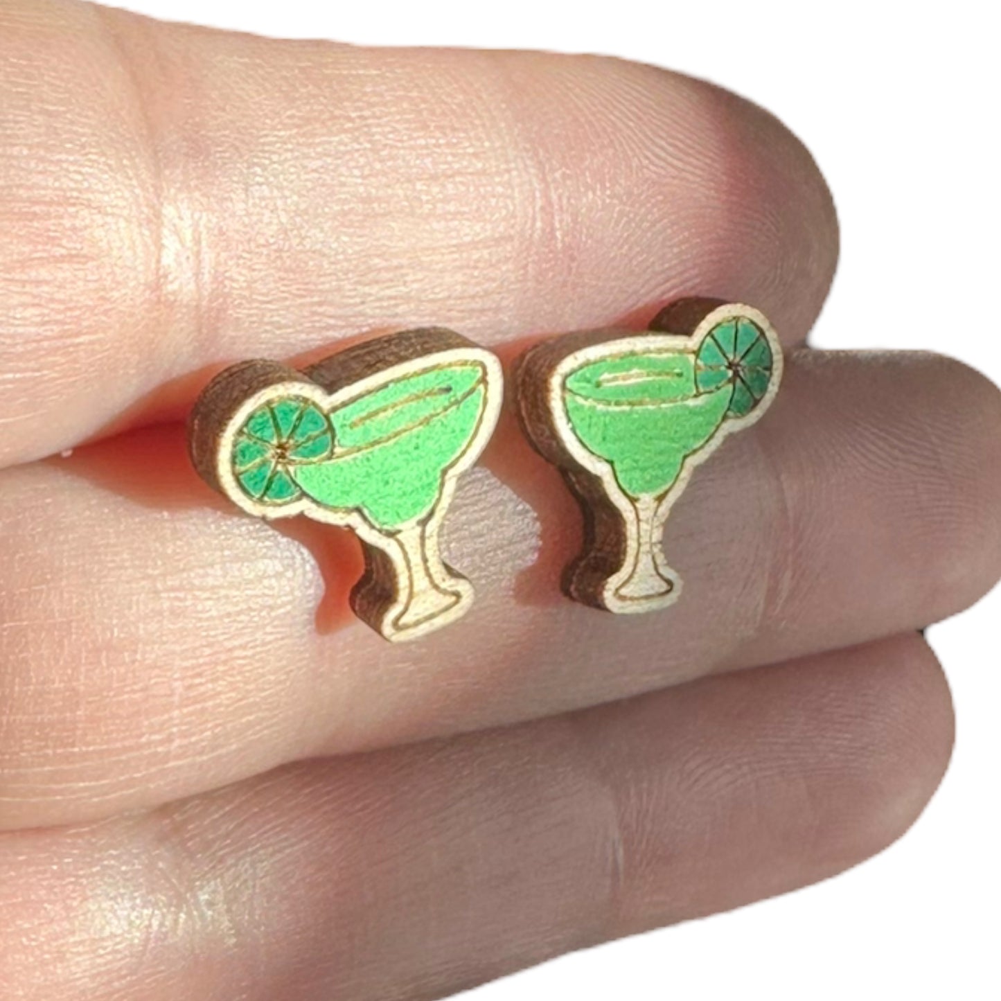 Hypoallergenic Hand Painted Margaritas Laser Engraved Wood Stud Earrings