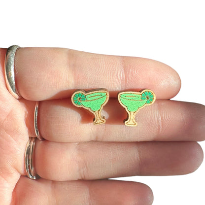 Hypoallergenic Hand Painted Margaritas Laser Engraved Wood Stud Earrings