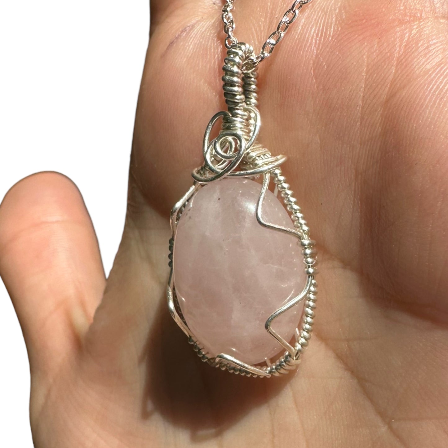 Sterling Silver Wire Wrapped Rose Quartz Crystal Triangle Bezel Pendant