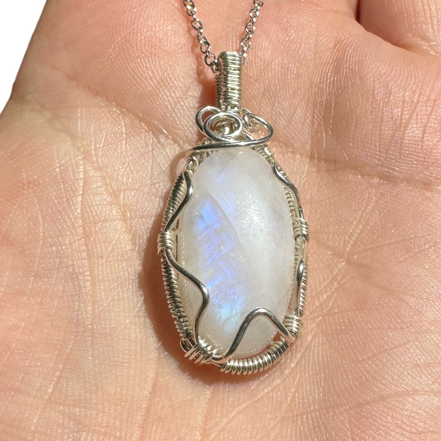 Sterling Silver Wire Wrapped Moonstone Crystal Triangle Bezel Pendant