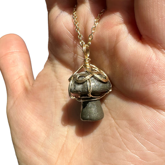 Sterling Silver | 14KT Gold Filled Wire Wrapped Pyrite Crystal Mushroom Pendant