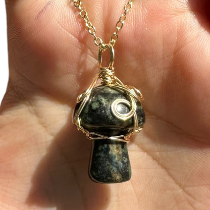 Sterling Silver | 14KT Gold Filled Wire Wrapped Kambaba Jasper Crystal Mushroom Pendant