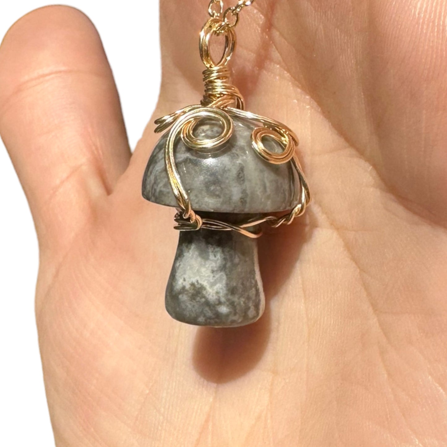 Sterling Silver | 14KT Gold Filled Wire Wrapped Zebra Jasper Crystal Mushroom Pendant