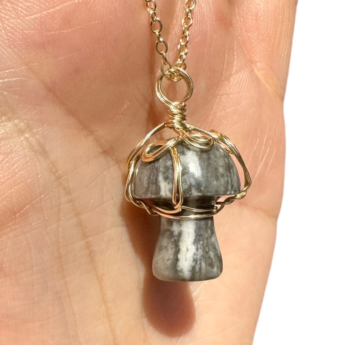 Sterling Silver | 14KT Gold Filled Wire Wrapped Zebra Jasper Crystal Mushroom Pendant