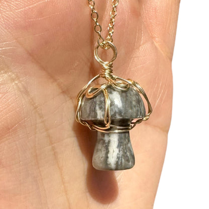 Sterling Silver | 14KT Gold Filled Wire Wrapped Zebra Jasper Crystal Mushroom Pendant