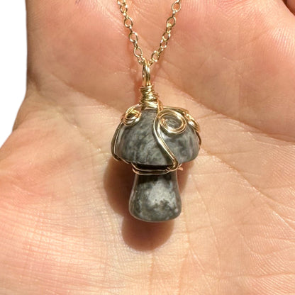 Sterling Silver | 14KT Gold Filled Wire Wrapped Zebra Jasper Crystal Mushroom Pendant