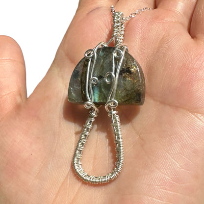 Sterling Silver Wire Wrapped Full Flash Labradorite Top Crystal Mushroom Pendant