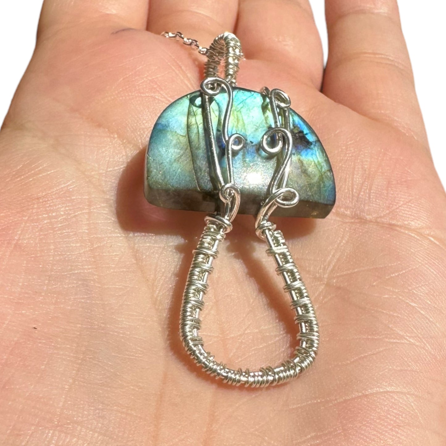 Sterling Silver Wire Wrapped Full Flash Labradorite Top Crystal Mushroom Pendant