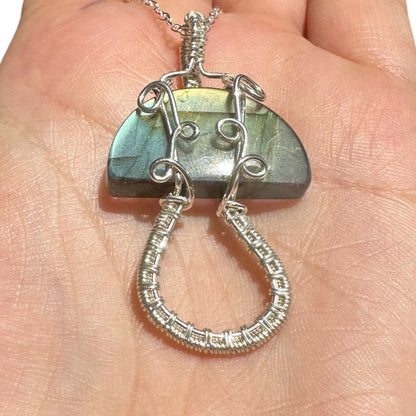 Sterling Silver Wire Wrapped Full Flash Labradorite Top Crystal Mushroom Pendant