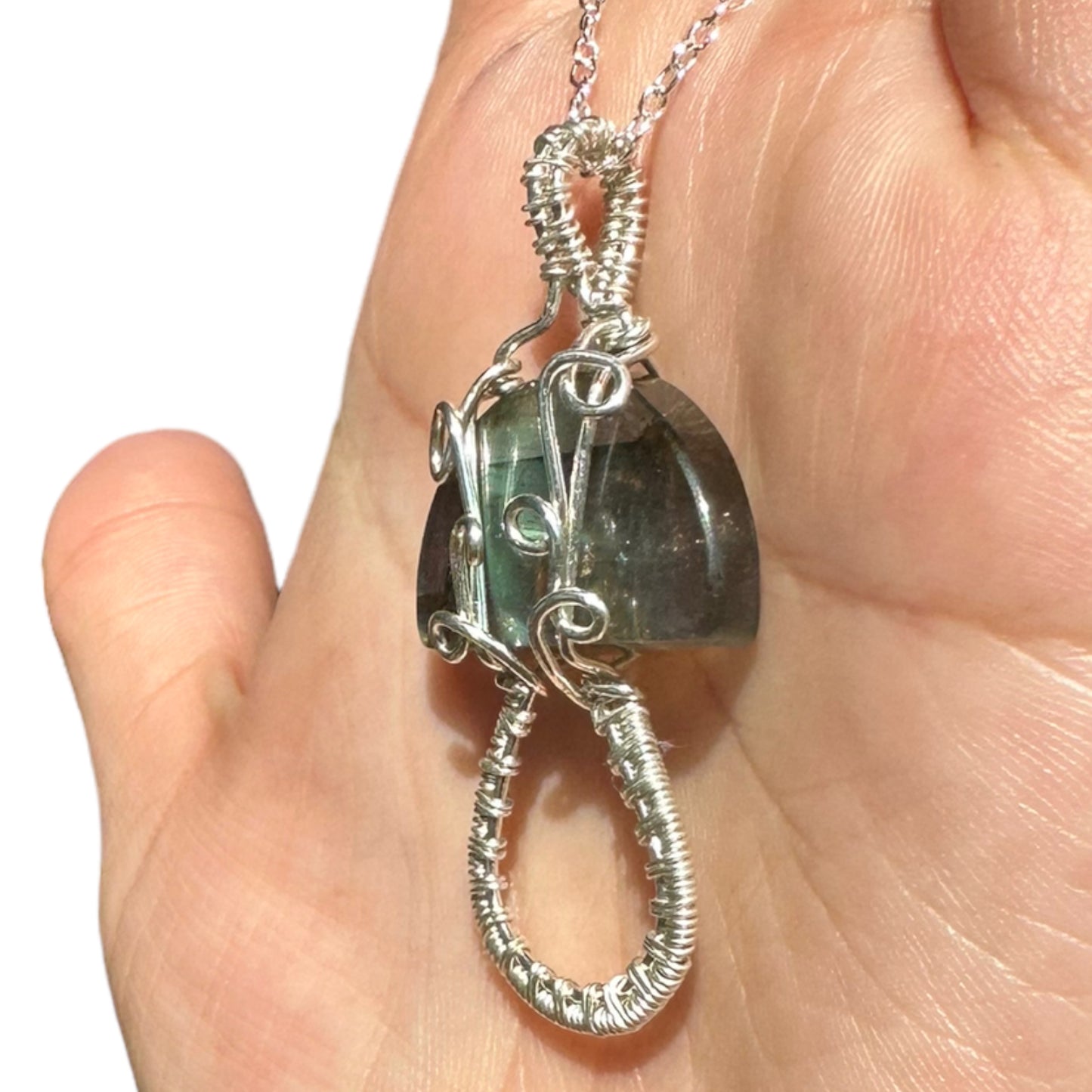 Sterling Silver Wire Wrapped Full Flash Labradorite Top Crystal Mushroom Pendant