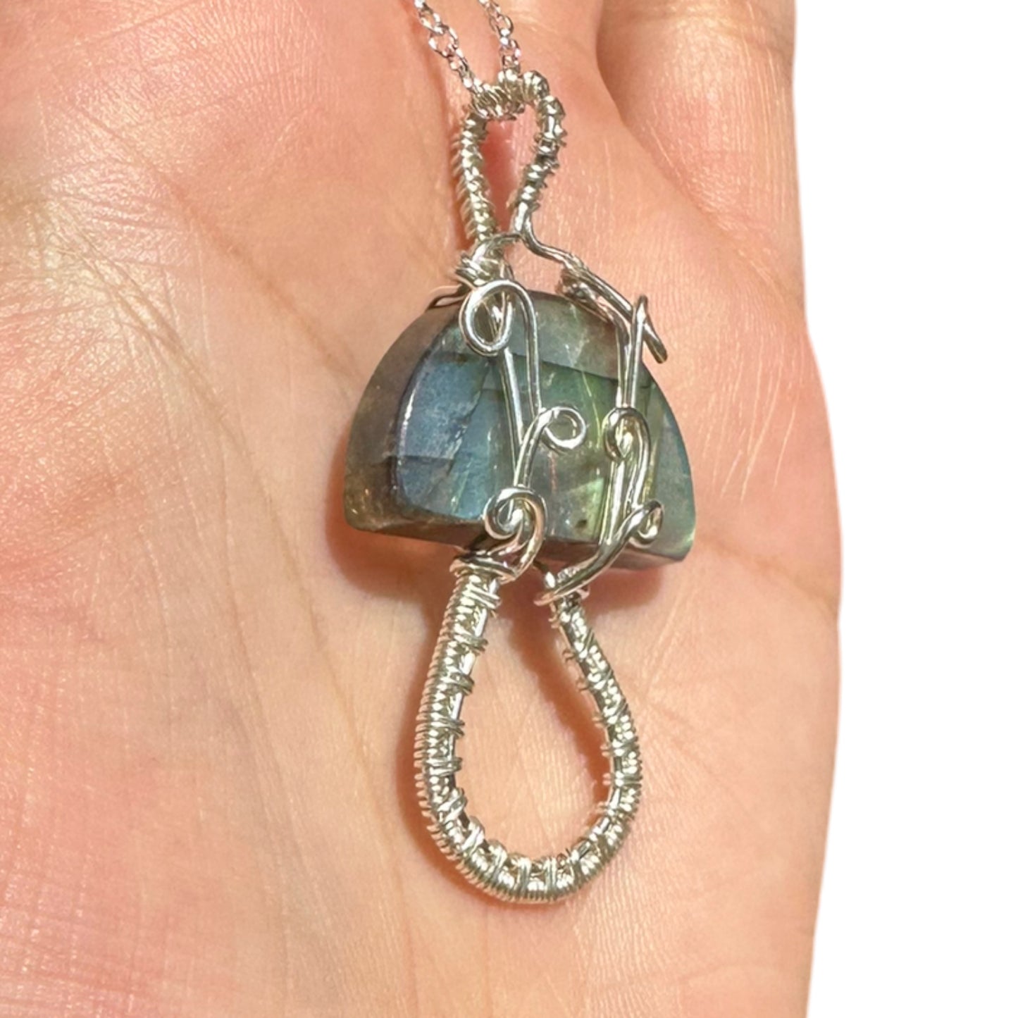 Sterling Silver Wire Wrapped Full Flash Labradorite Top Crystal Mushroom Pendant