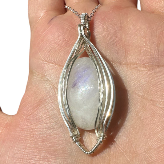 Sterling Silver Wire Wrapped Moonstone Crystal Elegant Non-Curly Bezel Pendant