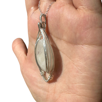 Sterling Silver Wire Wrapped Moonstone Crystal Elegant Non-Curly Bezel Pendant