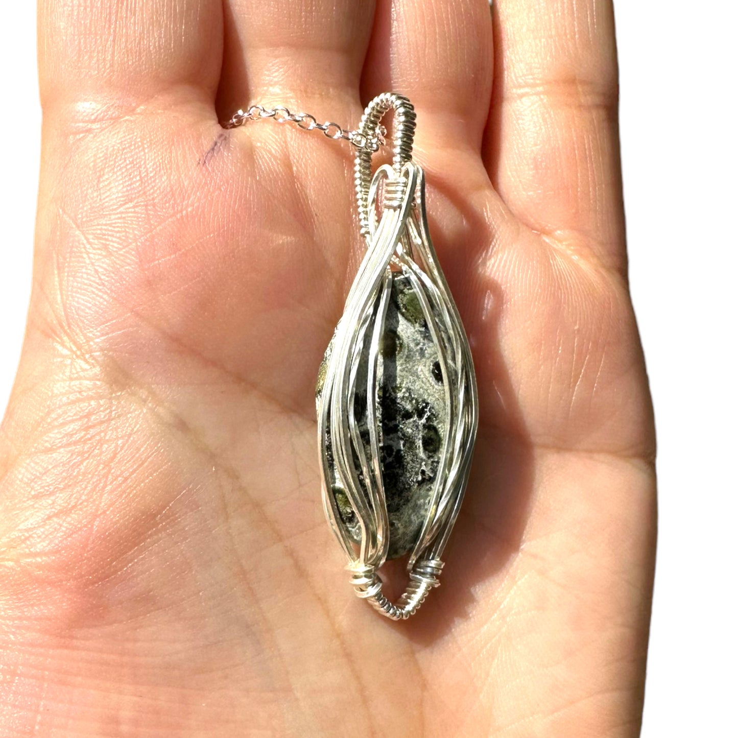 Sterling Silver Wire Wrapped Kambaba Jasper Crystal Elegant Non-Curly Bezel Pendant