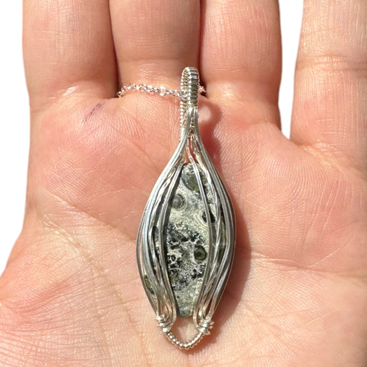 Sterling Silver Wire Wrapped Kambaba Jasper Crystal Elegant Non-Curly Bezel Pendant