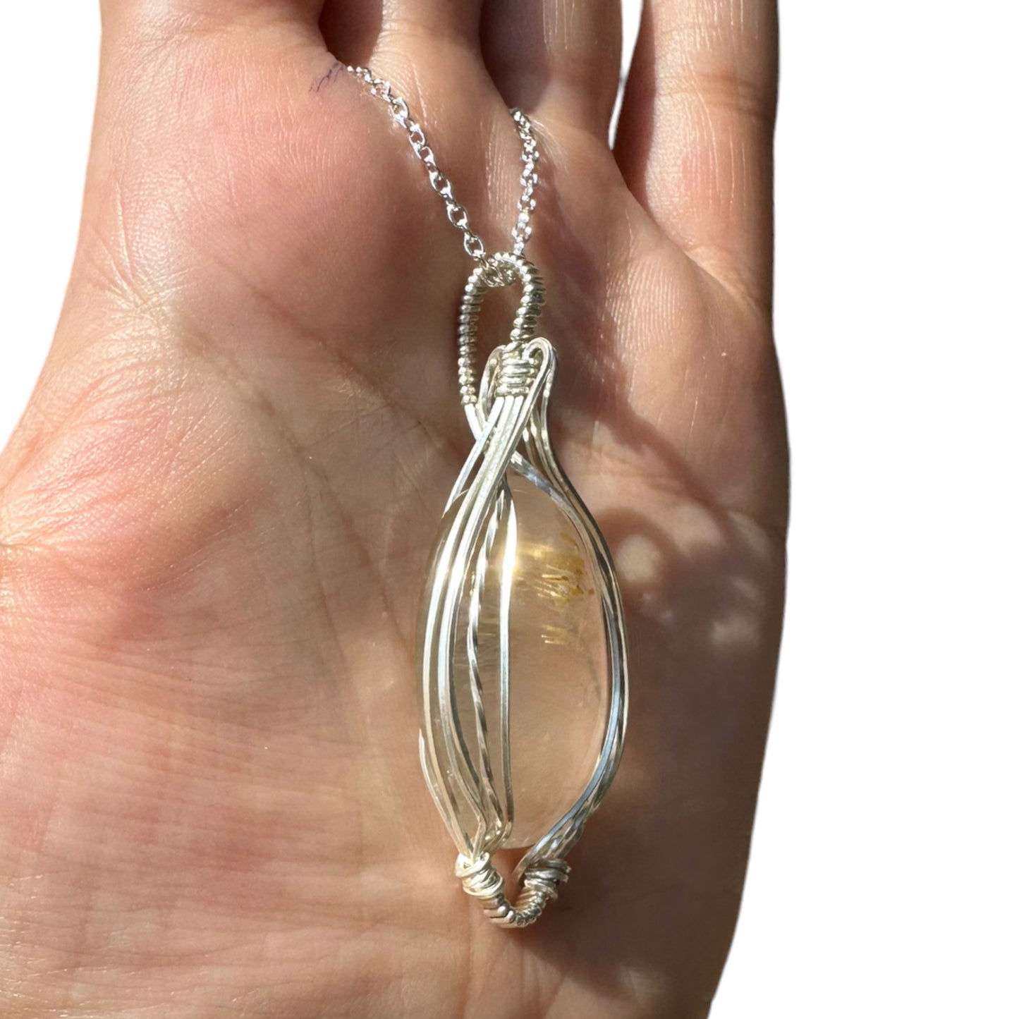 Sterling Silver Wire Wrapped Rutilated Quartz Crystal Elegant Non-Curly Bezel Pendant