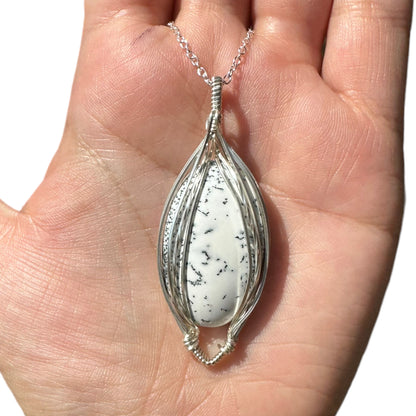 Sterling Silver Wire Wrapped Dendrite Crystal Elegant Non-Curly Bezel Pendant
