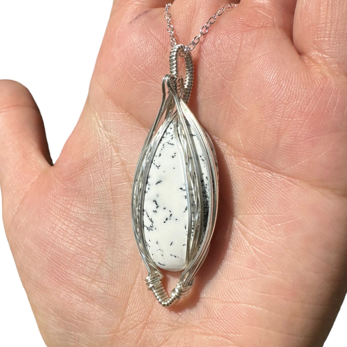 Sterling Silver Wire Wrapped Dendrite Crystal Elegant Non-Curly Bezel Pendant