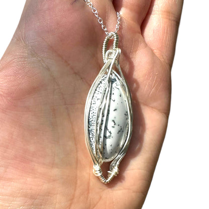 Sterling Silver Wire Wrapped Dendrite Crystal Elegant Non-Curly Bezel Pendant