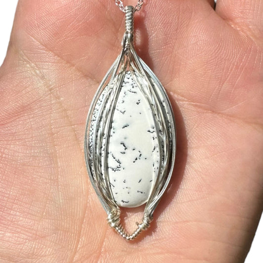 Sterling Silver Wire Wrapped Dendrite Crystal Elegant Non-Curly Bezel Pendant