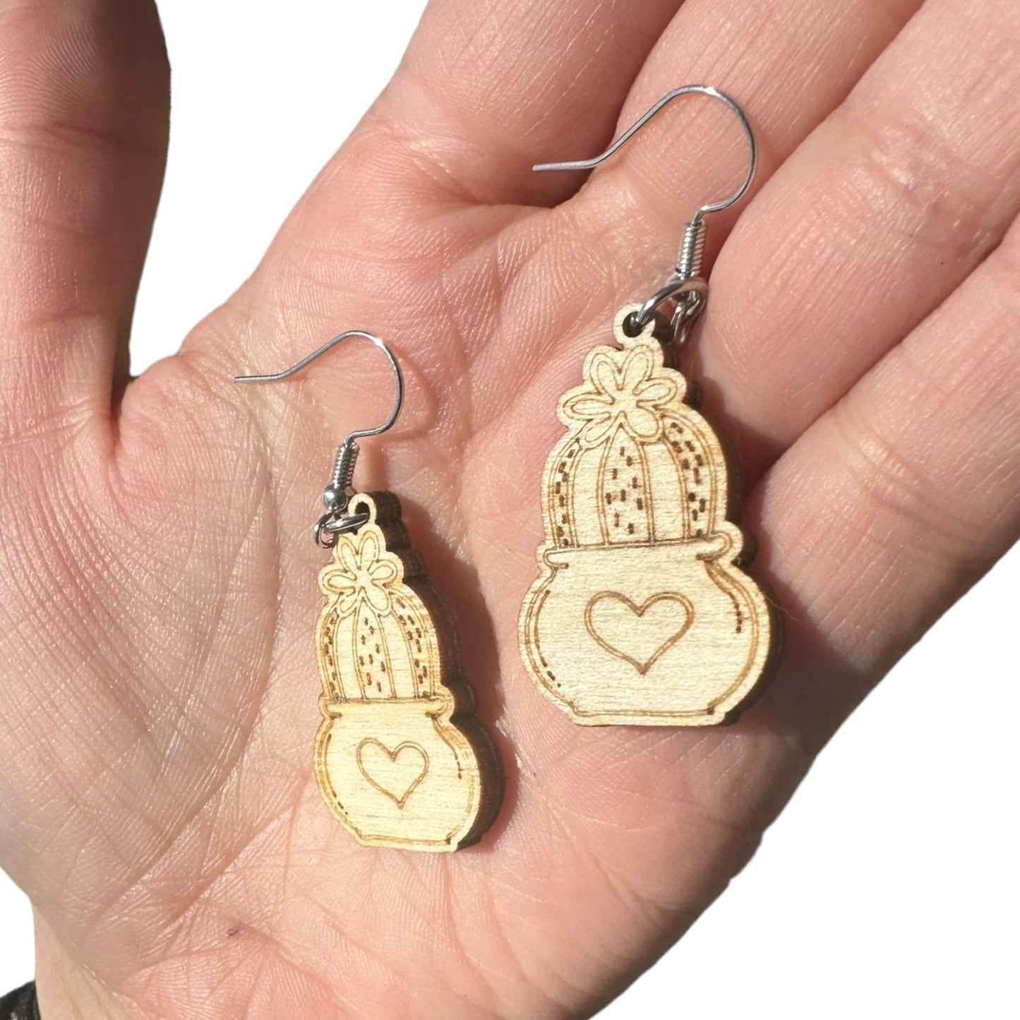 Natural Hypoallergenic Cactus with Heart Plant Wood Laser Engraved Wood Earrings