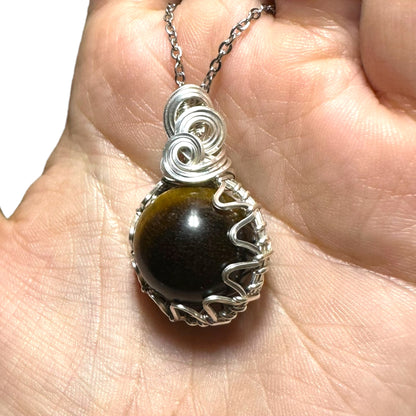 Sterling Silver |14KT Gold Filled Wire Wrapped Tiger's Eye Crystal Fidget Bezel Pendant