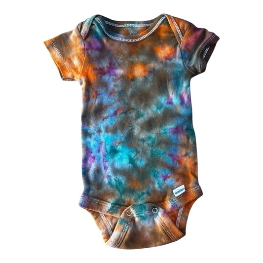 Infant 0-3 Months Blue Brown and Orange Scrunch Ice Dye Tie Dye Onesie