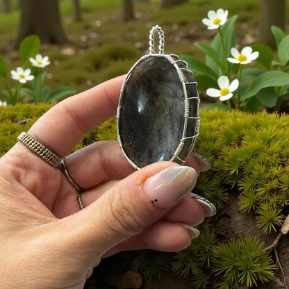 Sterling Silver Wire Wrapped Labradorite Worry Stone Crystal Pendant