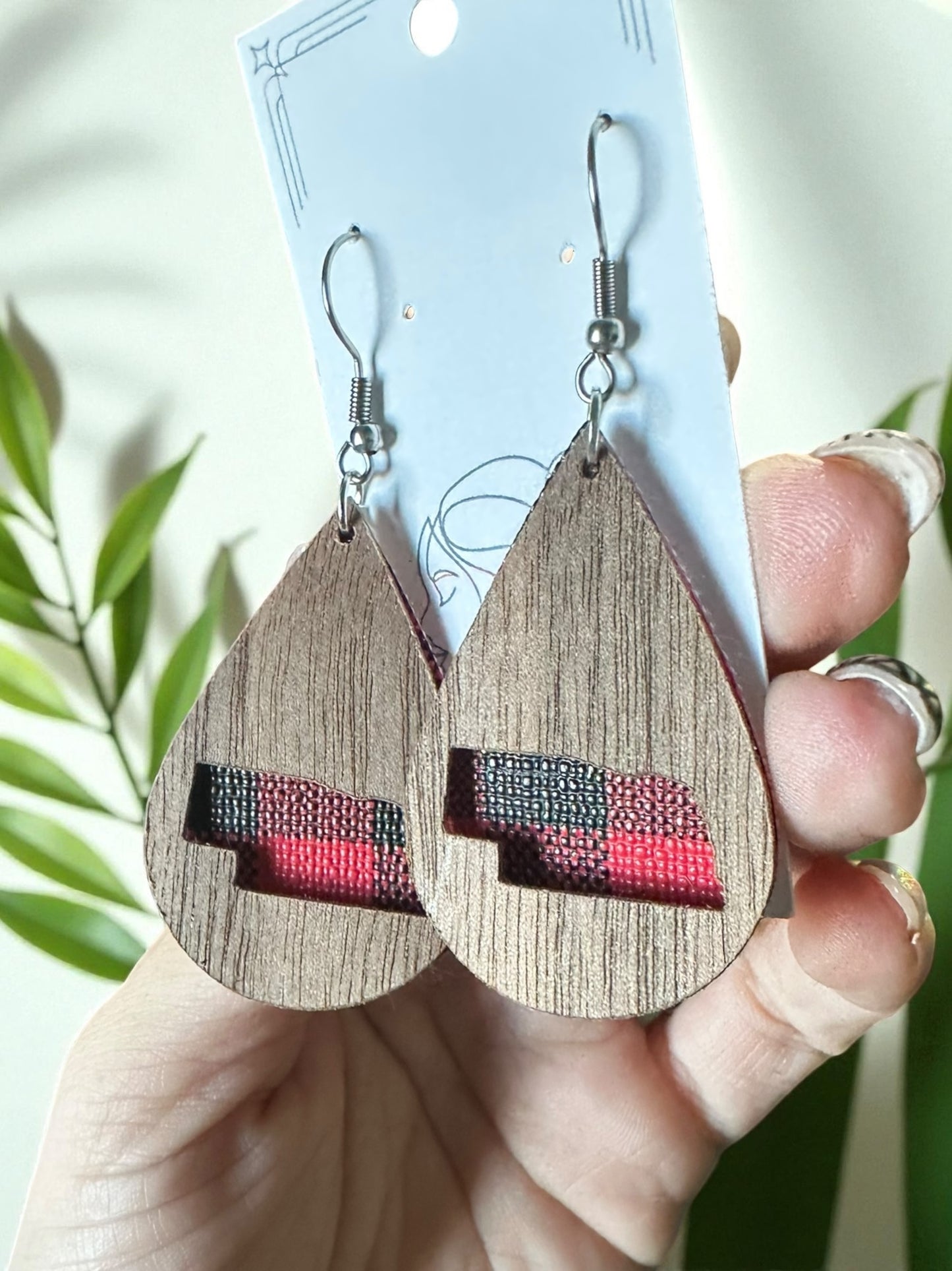 Painted | Natural Wood Hypoallergenic Nebraska Solid Huskers Go Big Red Wood Laser Engraved Wood Earrings