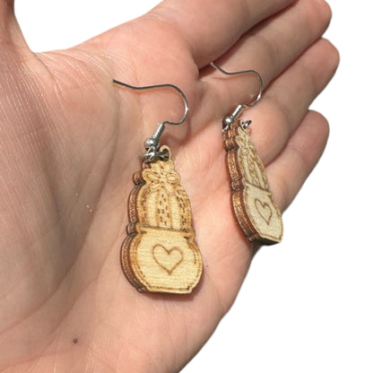 Natural Hypoallergenic Cactus with Heart Plant Wood Laser Engraved Wood Earrings
