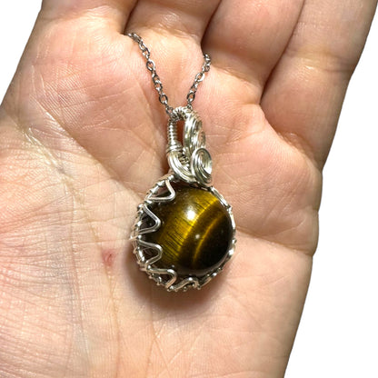 Sterling Silver |14KT Gold Filled Wire Wrapped Tiger's Eye Crystal Fidget Bezel Pendant