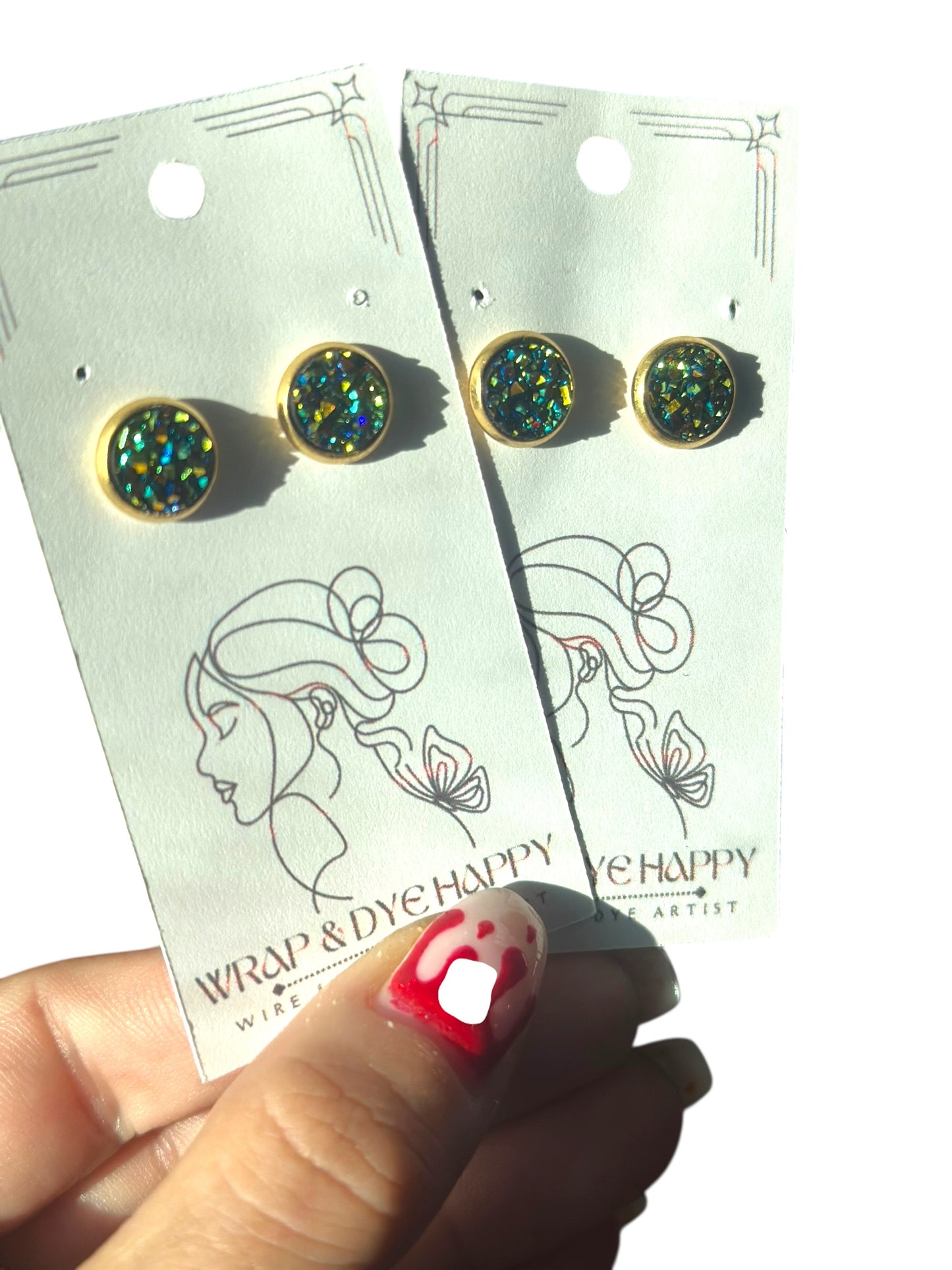 8MM Hypoallergenic Gold with Multi-Colored Sparkle Druzy Earring Studs