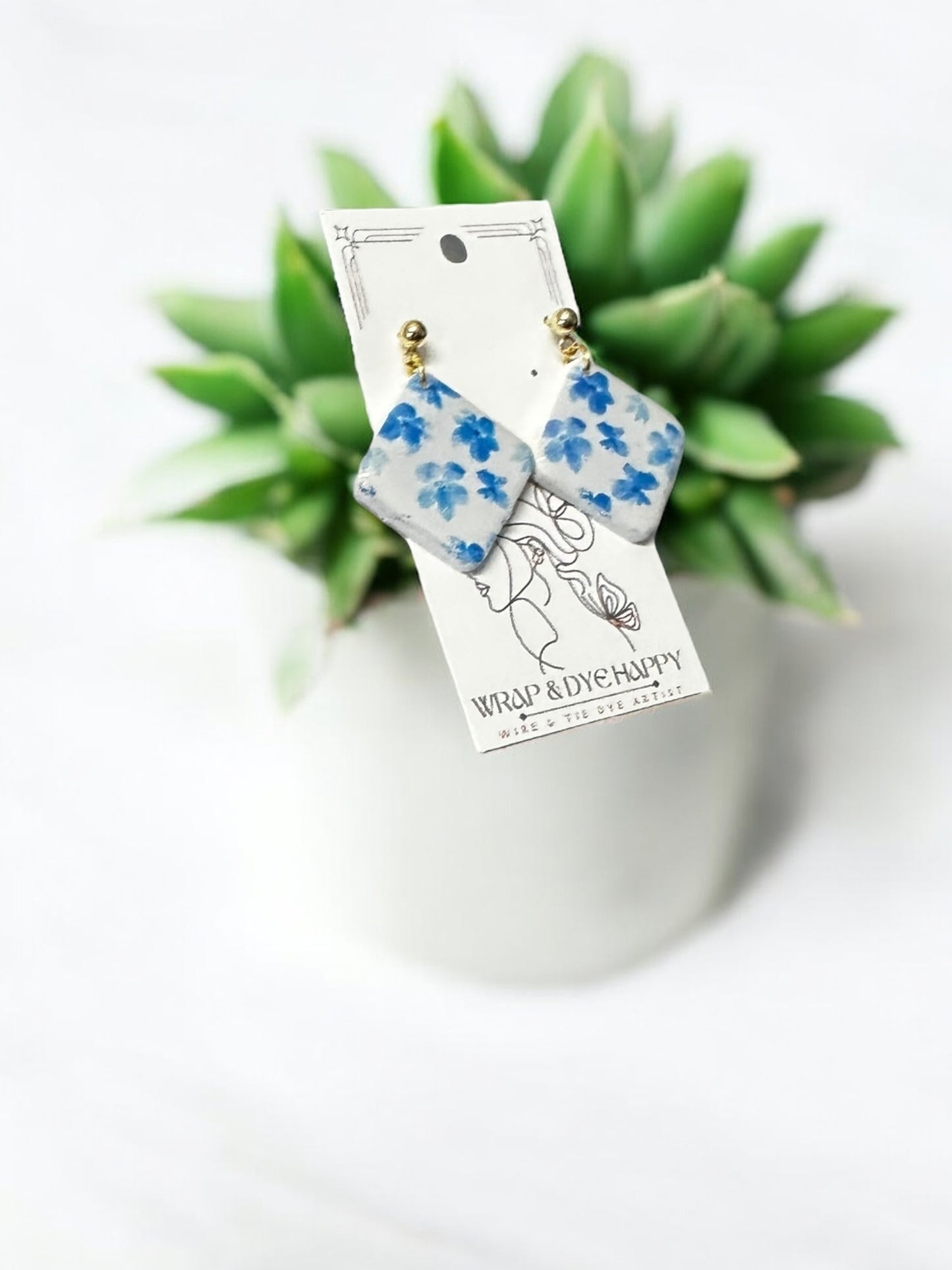 Hypoallergenic Blue Wildflower Floral Teardrop Clay Dangle Earrings