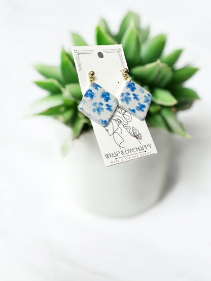 Hypoallergenic Blue Wildflower Floral Teardrop Clay Dangle Earrings