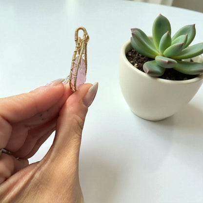 14kt Gold Filled Wire Wrapped Rose Quartz Moon Crystal Bezel Pendant