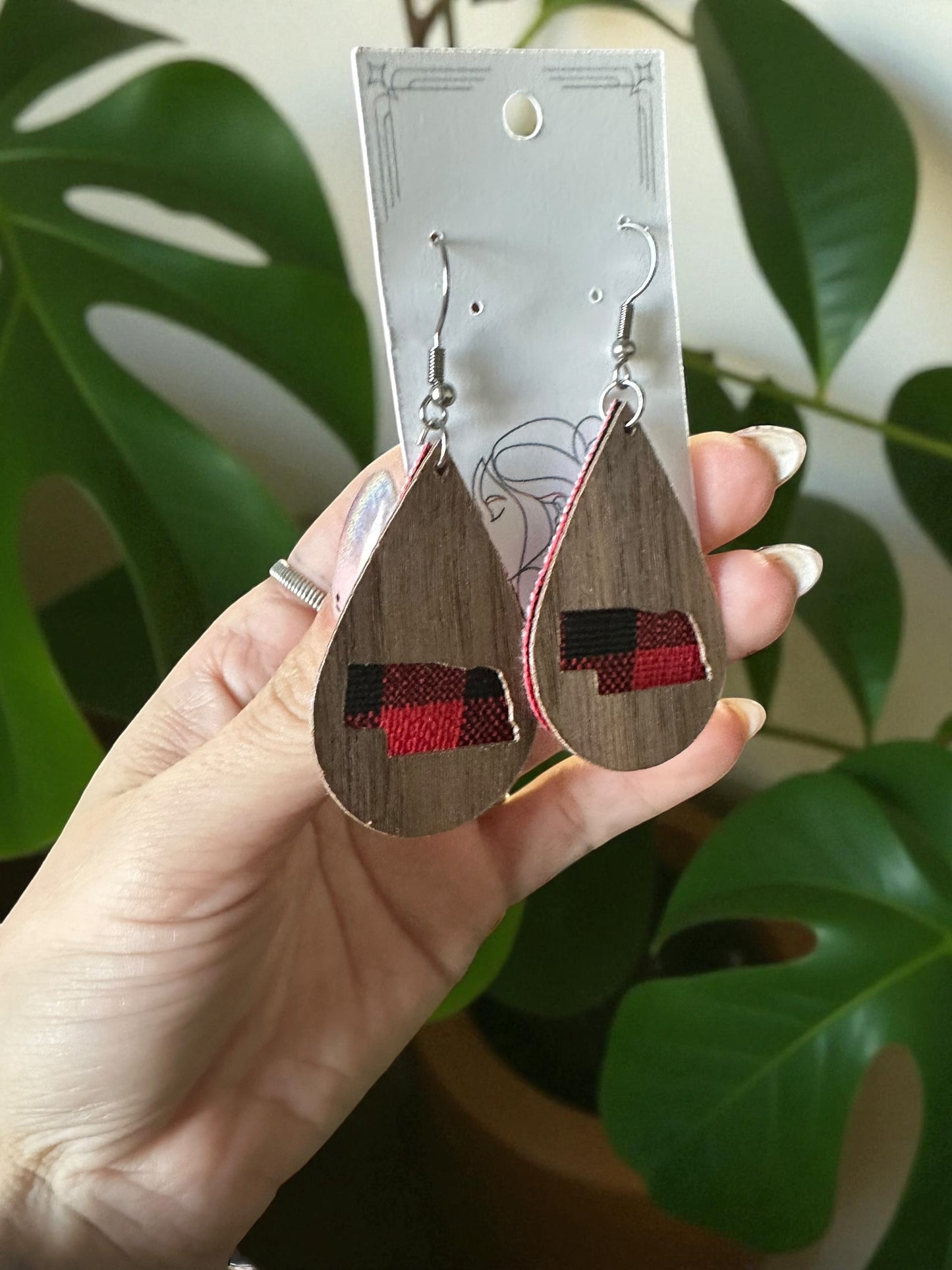Painted | Natural Wood Hypoallergenic Nebraska Solid Huskers Go Big Red Wood Laser Engraved Wood Earrings