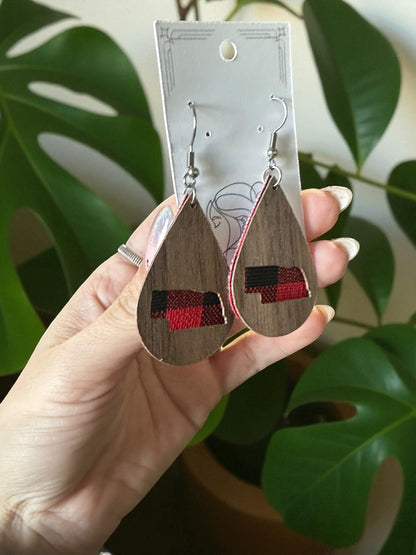 Painted | Natural Wood Hypoallergenic Nebraska Solid Huskers Go Big Red Wood Laser Engraved Wood Earrings