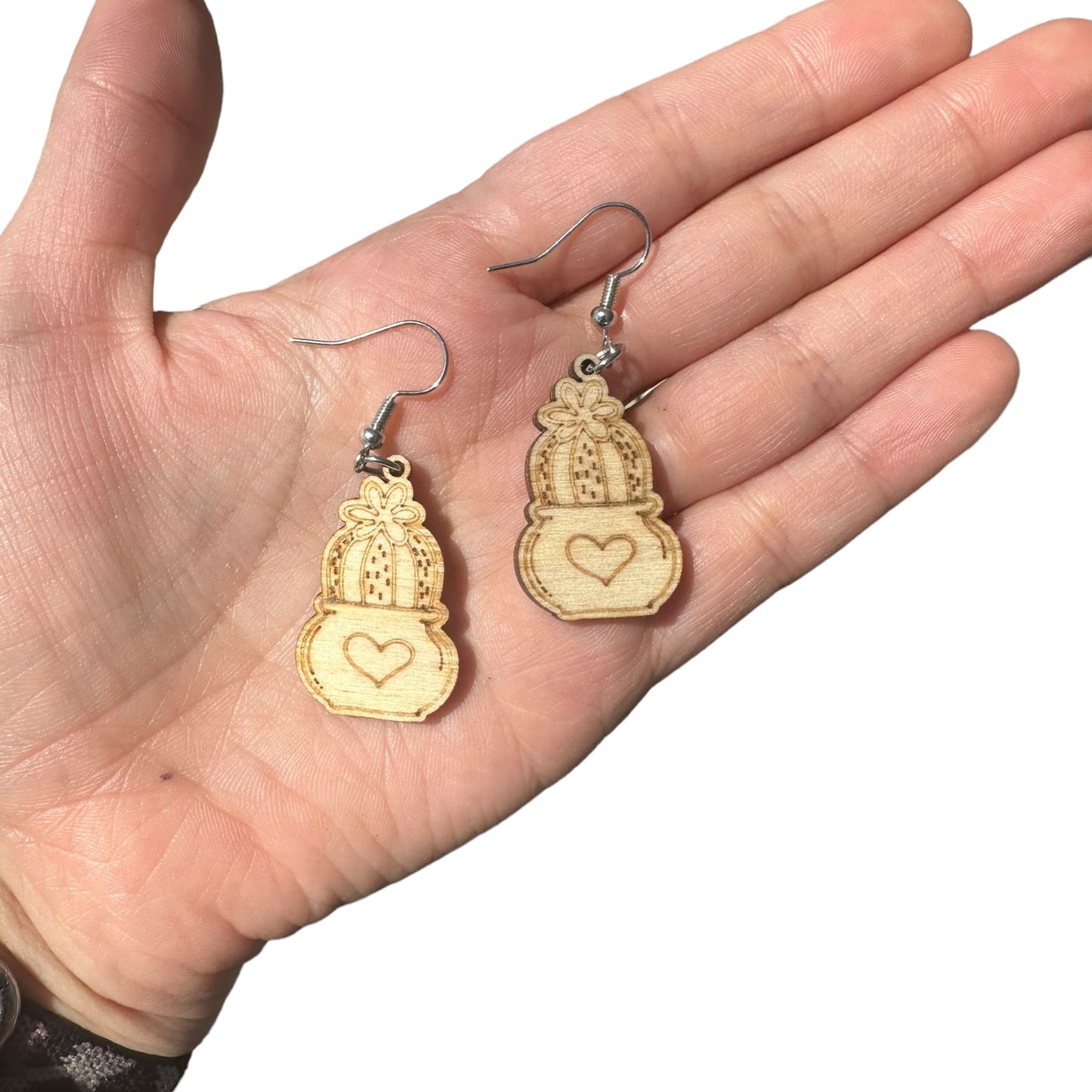 Natural Hypoallergenic Cactus with Heart Plant Wood Laser Engraved Wood Earrings