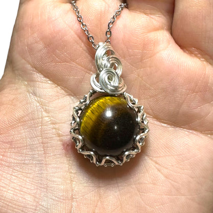 Sterling Silver |14KT Gold Filled Wire Wrapped Tiger's Eye Crystal Fidget Bezel Pendant