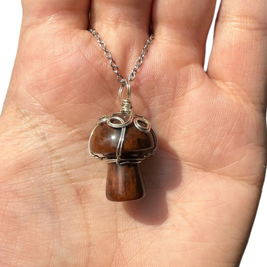 Sterling Silver | 14KT Gold Filled Wire Wrapped Mahogany Obsidian Mushroom Crystal Pendant