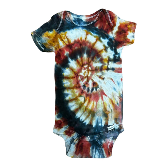 Infant 12 Months Red Golden Yellow and Black Spiral Ice Dye Tie Dye Onesie