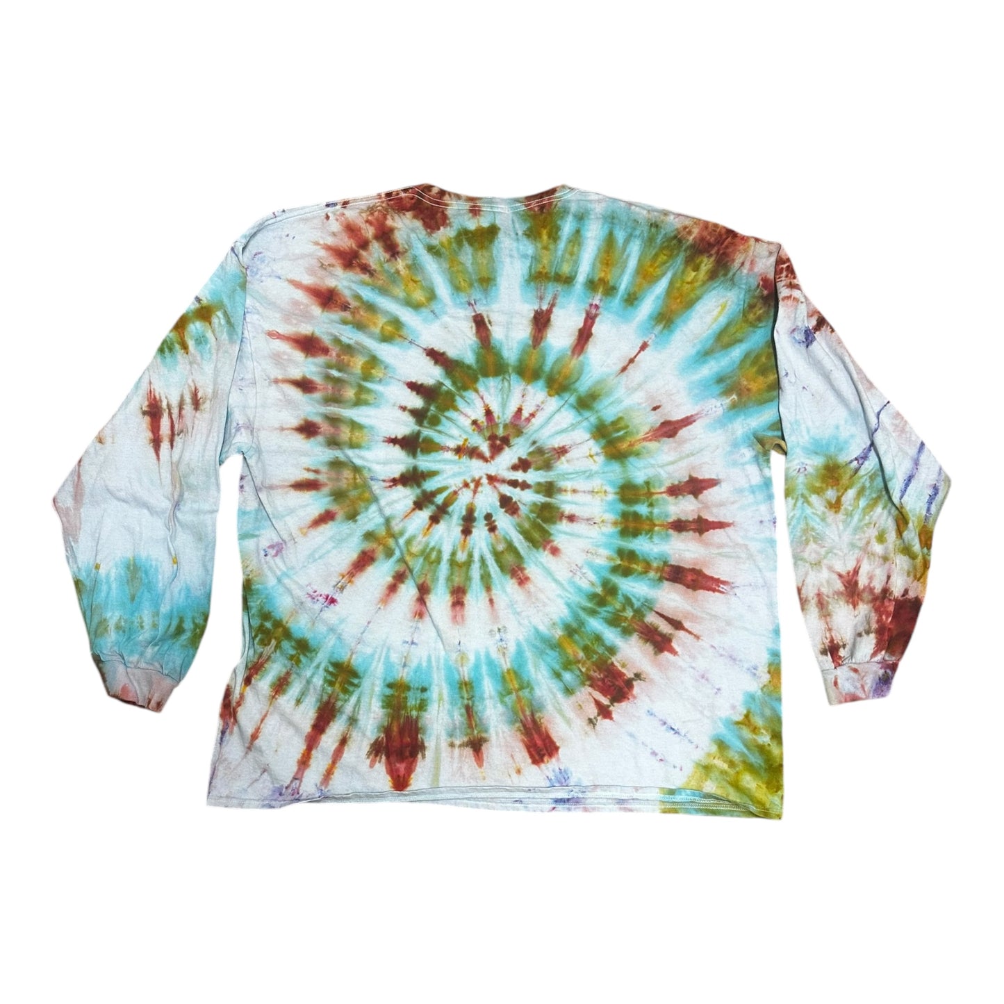 Adult Small Blue Green and Red Orange Spiral Ice Dye Tie Dye Long Sleeve T-Shirt