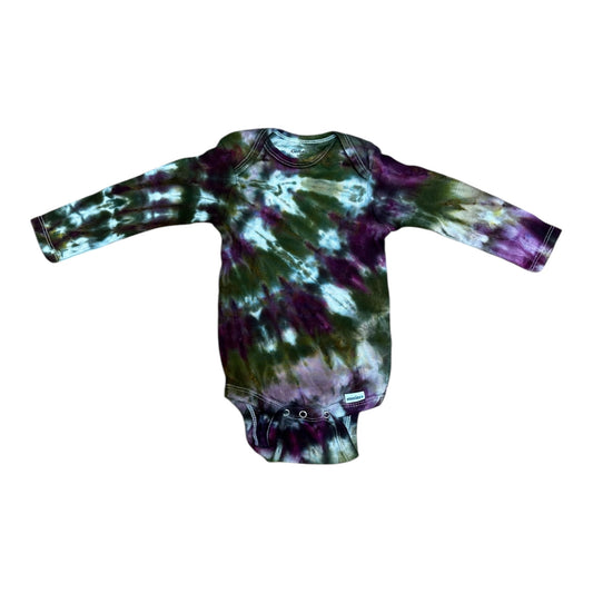 Infant 6-9 Months Purple and Green Spiral Ice Dye Tie Dye Long Sleeve Onesie